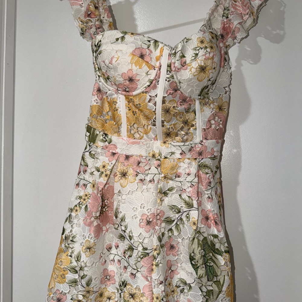 Floral Lace One-Piece Romper in White with Pink & Yellow Flowers - Picture 3 of 3